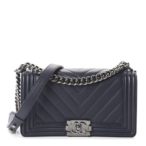 chanel navy blue boy chanel chevron flap medium bag